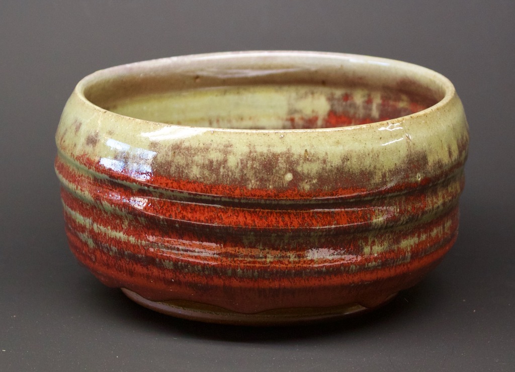 2.  Bowl with Oribe and red glaze
4" deep, 7" wide
$165